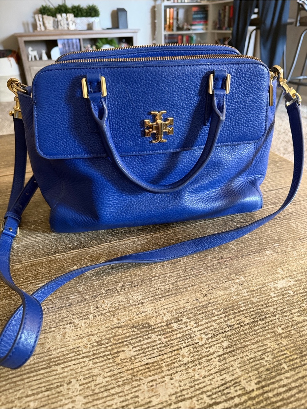 Tory Burch Mercer Double Zip Done Satchel with pebbled leather in royal blue